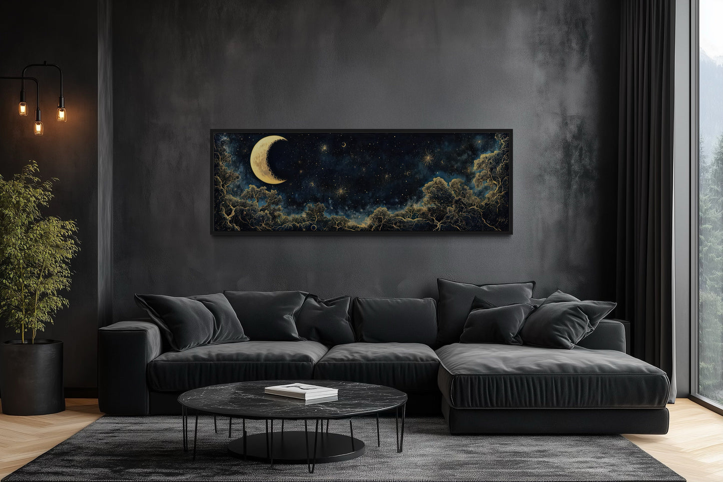 Navy Blue and Gold Moon Crescent Long Horizontal Wall Art Above Bed Decor