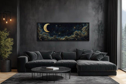 Navy Blue and Gold Moon Crescent Long Horizontal Wall Art Above Bed Decor