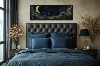 Navy Blue and Gold Moon Crescent Long Horizontal Wall Art Above Bed Decor