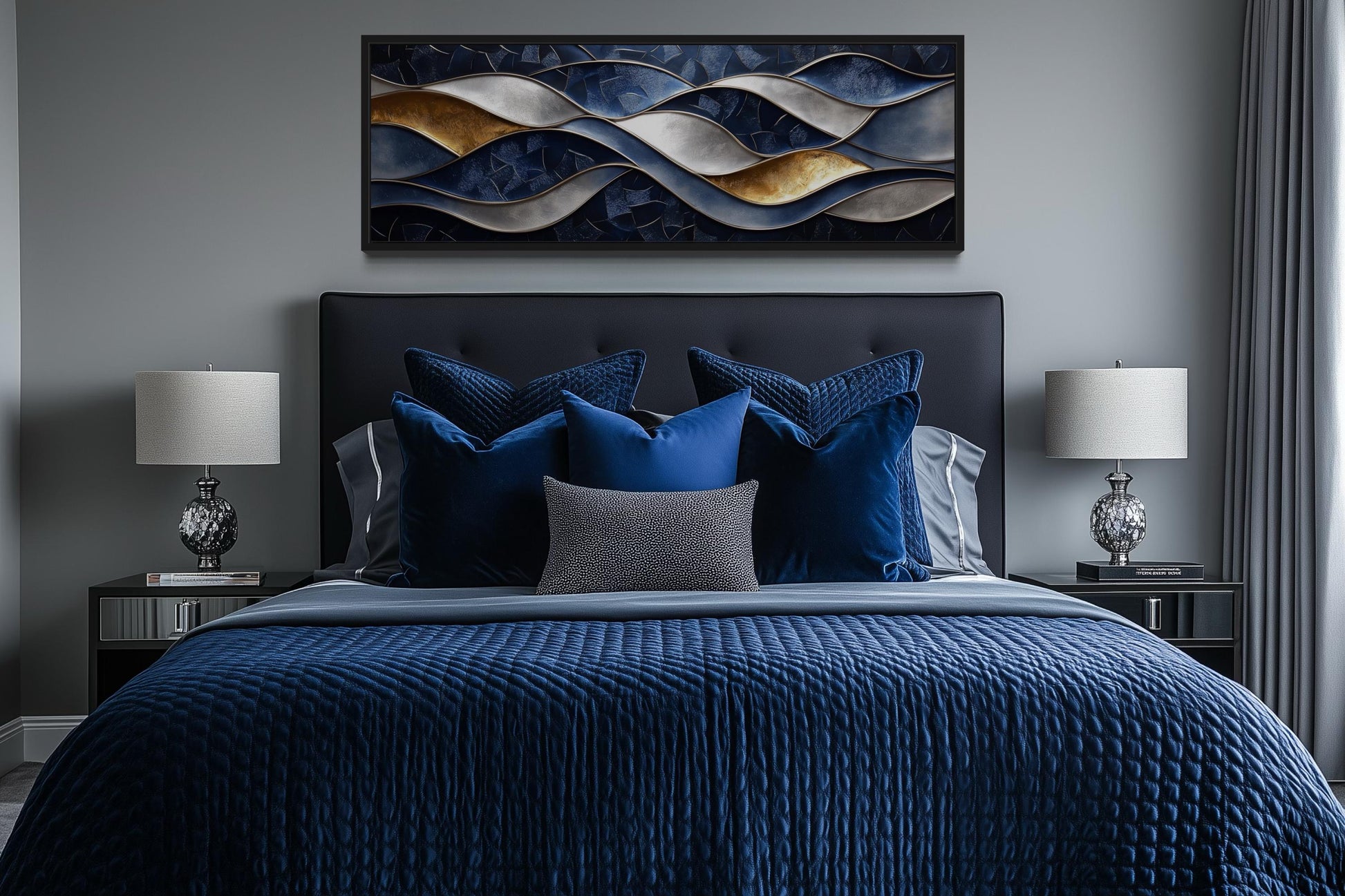 Navy Gold Abstract Wave Long Horizontal Wall Art Above Couch Decor