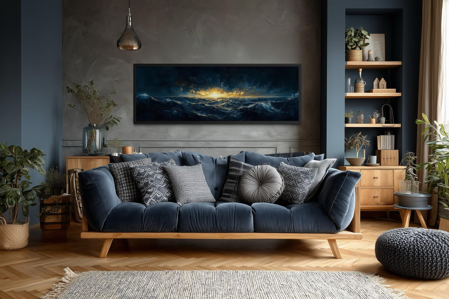 Navy Gold Ocean Art – Nautical Sea Sunset Canvas | Masculine Horizontal Wall Decor