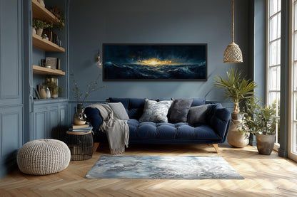 Navy Gold Ocean Art – Nautical Sea Sunset Canvas | Masculine Horizontal Wall Decor