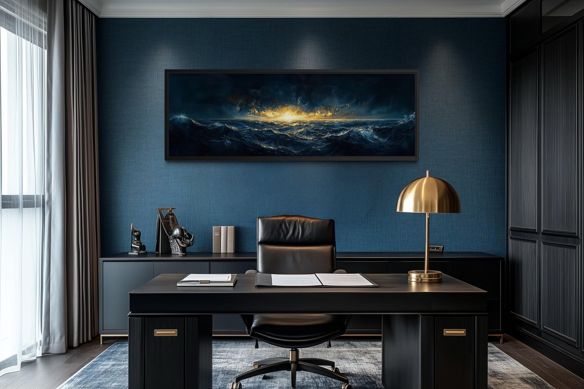Navy Gold Ocean Art – Nautical Sea Sunset Canvas | Masculine Horizontal Wall Decor