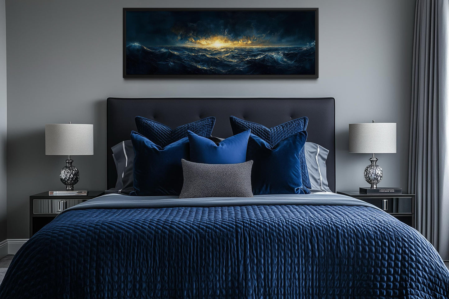 Navy Gold Ocean Art – Nautical Sea Sunset Canvas | Masculine Horizontal Wall Decor