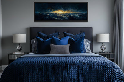 Navy Gold Ocean Art – Nautical Sea Sunset Canvas | Masculine Horizontal Wall Decor