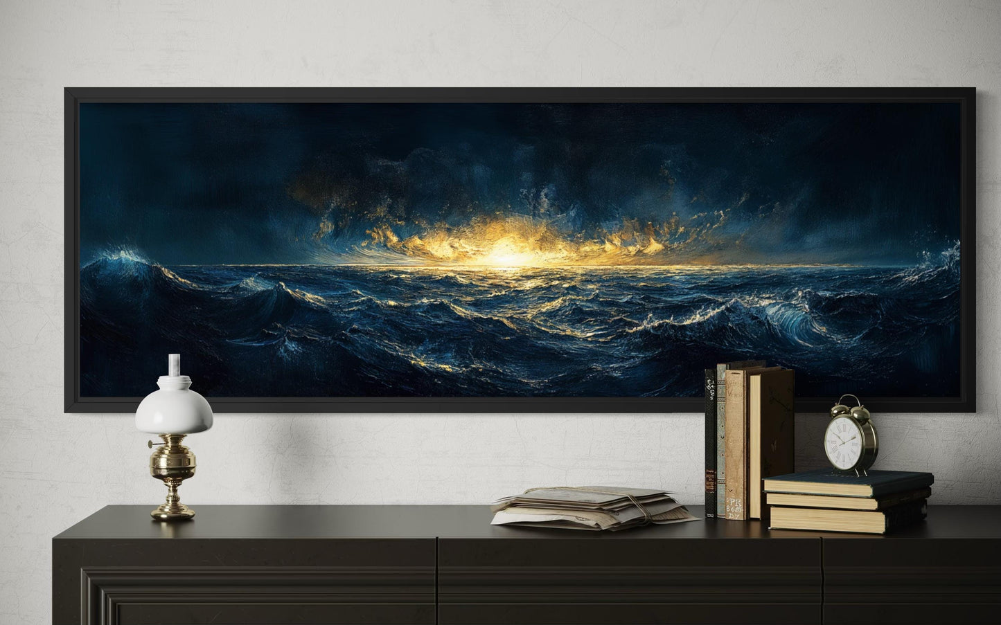 Navy Gold Ocean Art – Nautical Sea Sunset Canvas | Masculine Horizontal Wall Decor