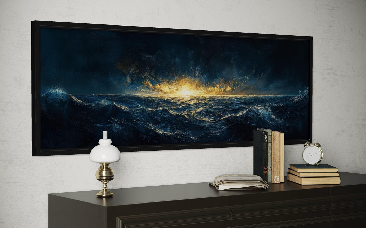 Navy Gold Ocean Art – Nautical Sea Sunset Canvas | Masculine Horizontal Wall Decor