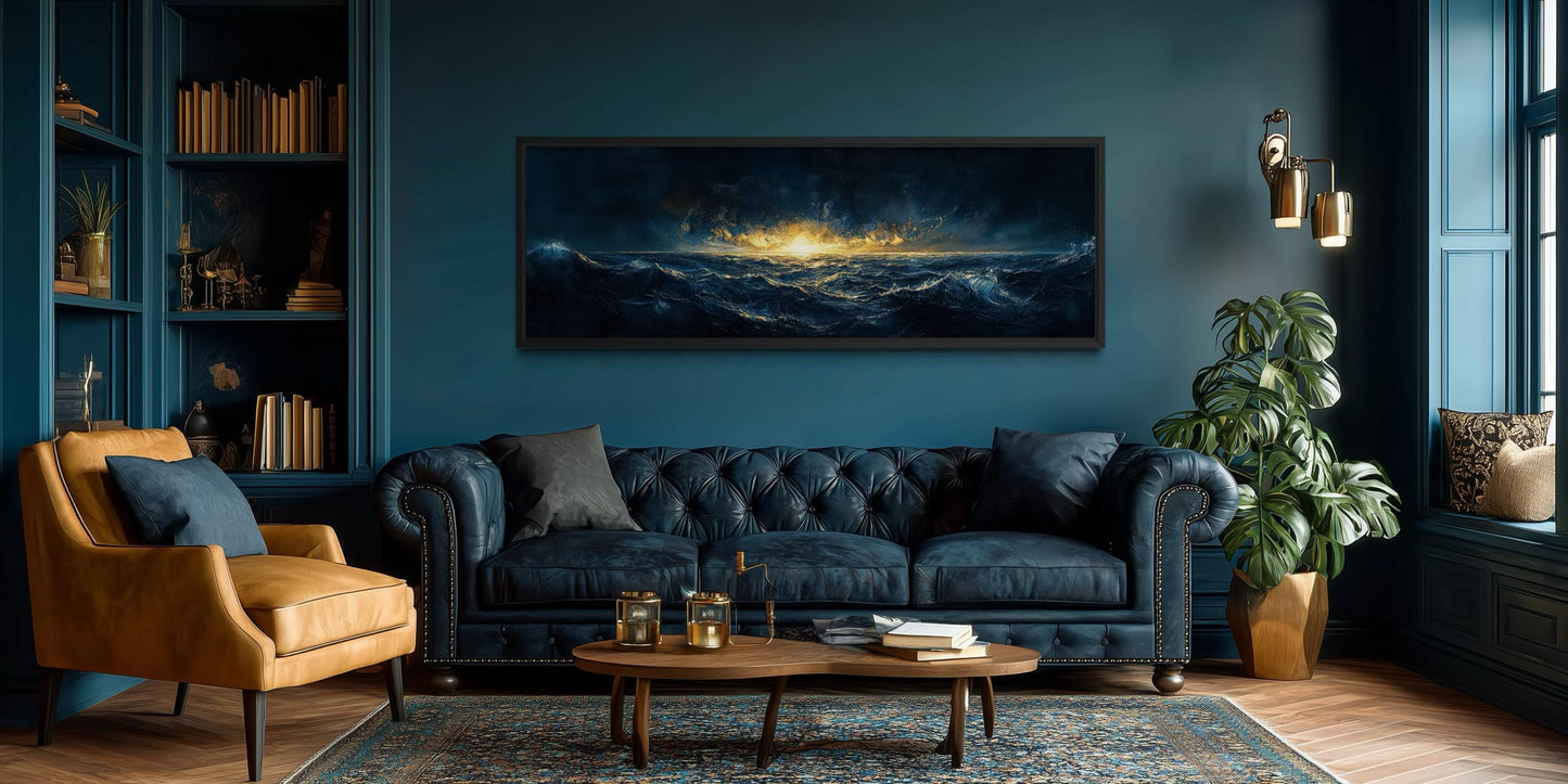 Navy Gold Ocean Art – Nautical Sea Sunset Canvas | Masculine Horizontal Wall Decor