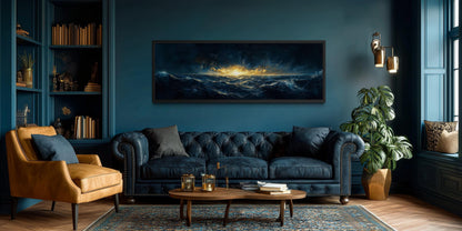 Navy Gold Ocean Art – Nautical Sea Sunset Canvas | Masculine Horizontal Wall Decor