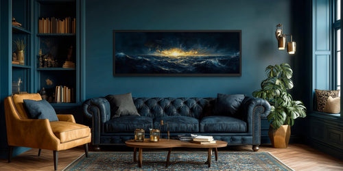 Navy Gold Ocean Art – Nautical Sea Sunset Canvas | Masculine Horizontal Wall Decor