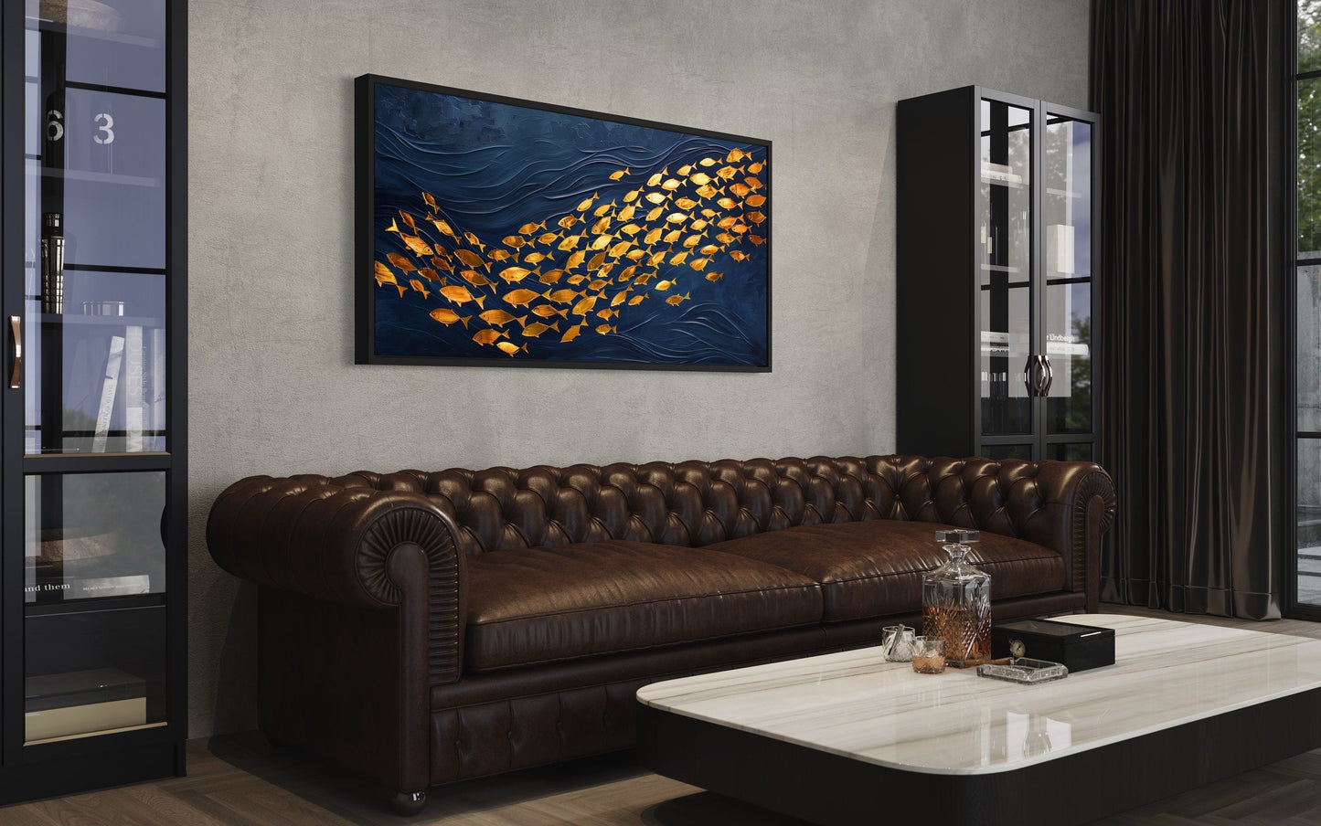 Navy Gold Wall Art – Framed Nautical Ocean Canvas with School of Fish Design
