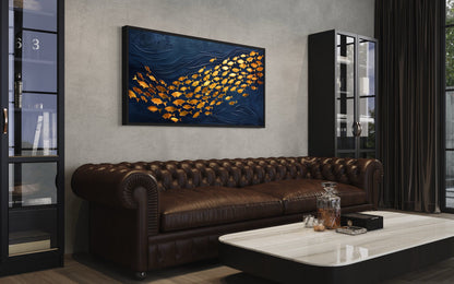 Navy Gold Wall Art – Framed Nautical Ocean Canvas with School of Fish Design