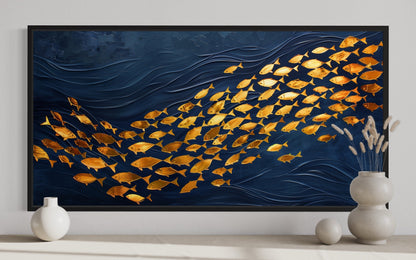 Navy Gold Wall Art – Framed Nautical Ocean Canvas with School of Fish Design
