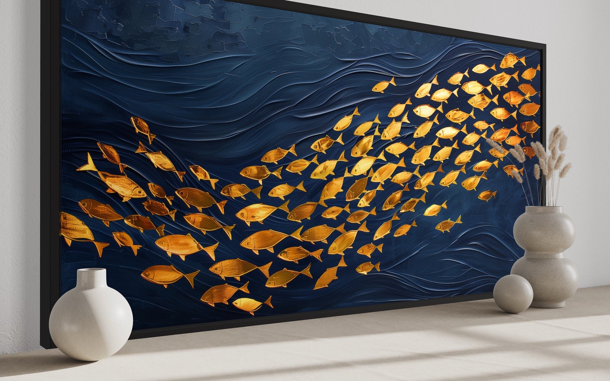 Navy Gold Wall Art – Framed Nautical Ocean Canvas with School of Fish Design