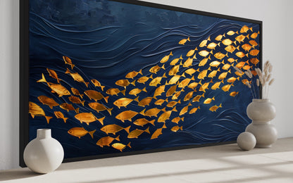 Navy Gold Wall Art – Framed Nautical Ocean Canvas with School of Fish Design