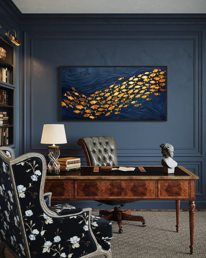 Navy Gold Wall Art – Framed Nautical Ocean Canvas with School of Fish Design