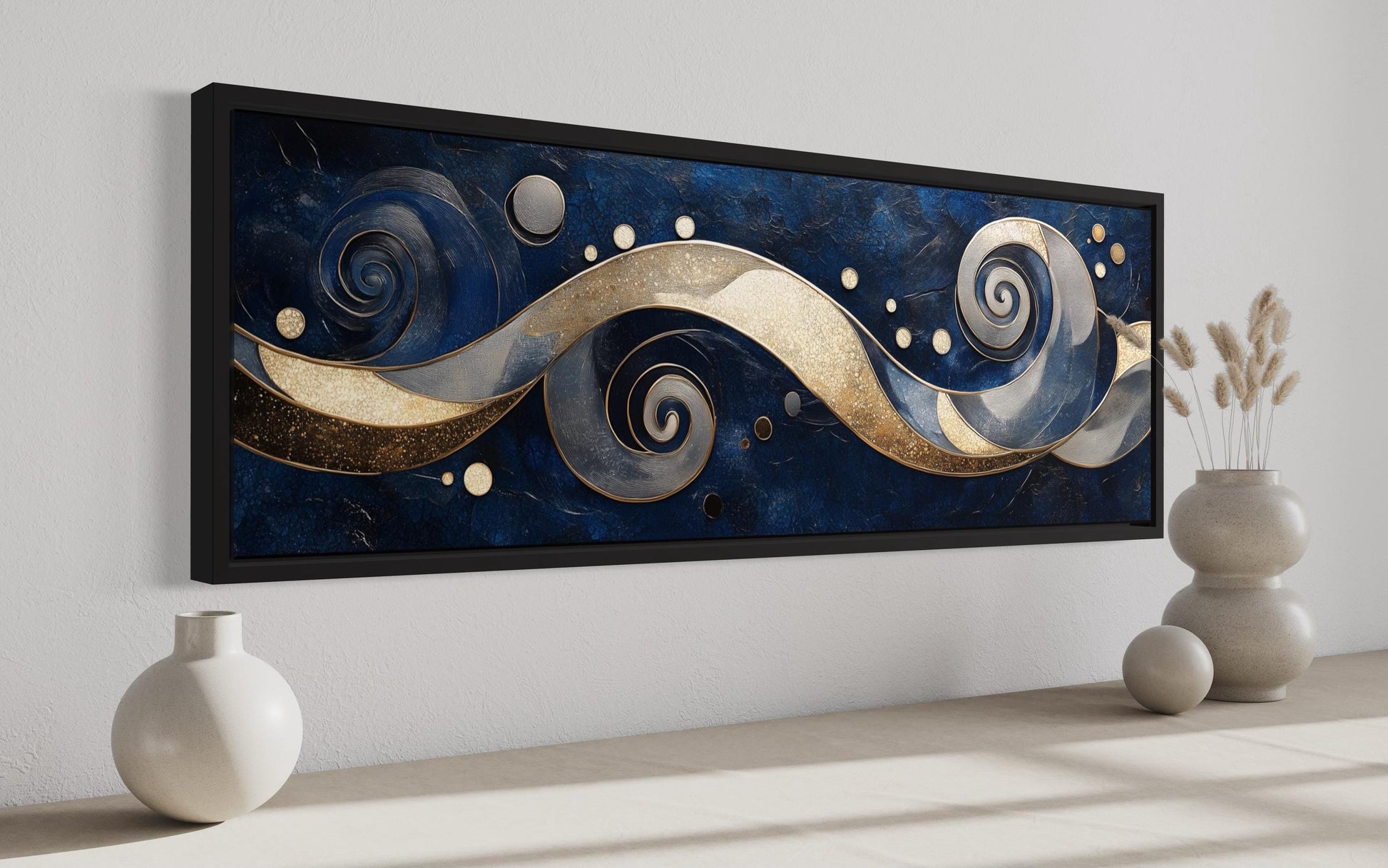 Navy and Gold Abstract Swirl Canvas Art - Elegant Galaxy-Inspired Horizontal Print for Modern Living Room Decor