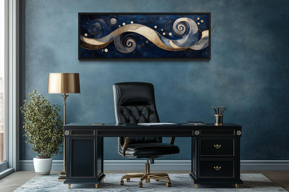 Navy and Gold Abstract Swirl Canvas Art - Elegant Galaxy-Inspired Horizontal Print for Modern Living Room Decor