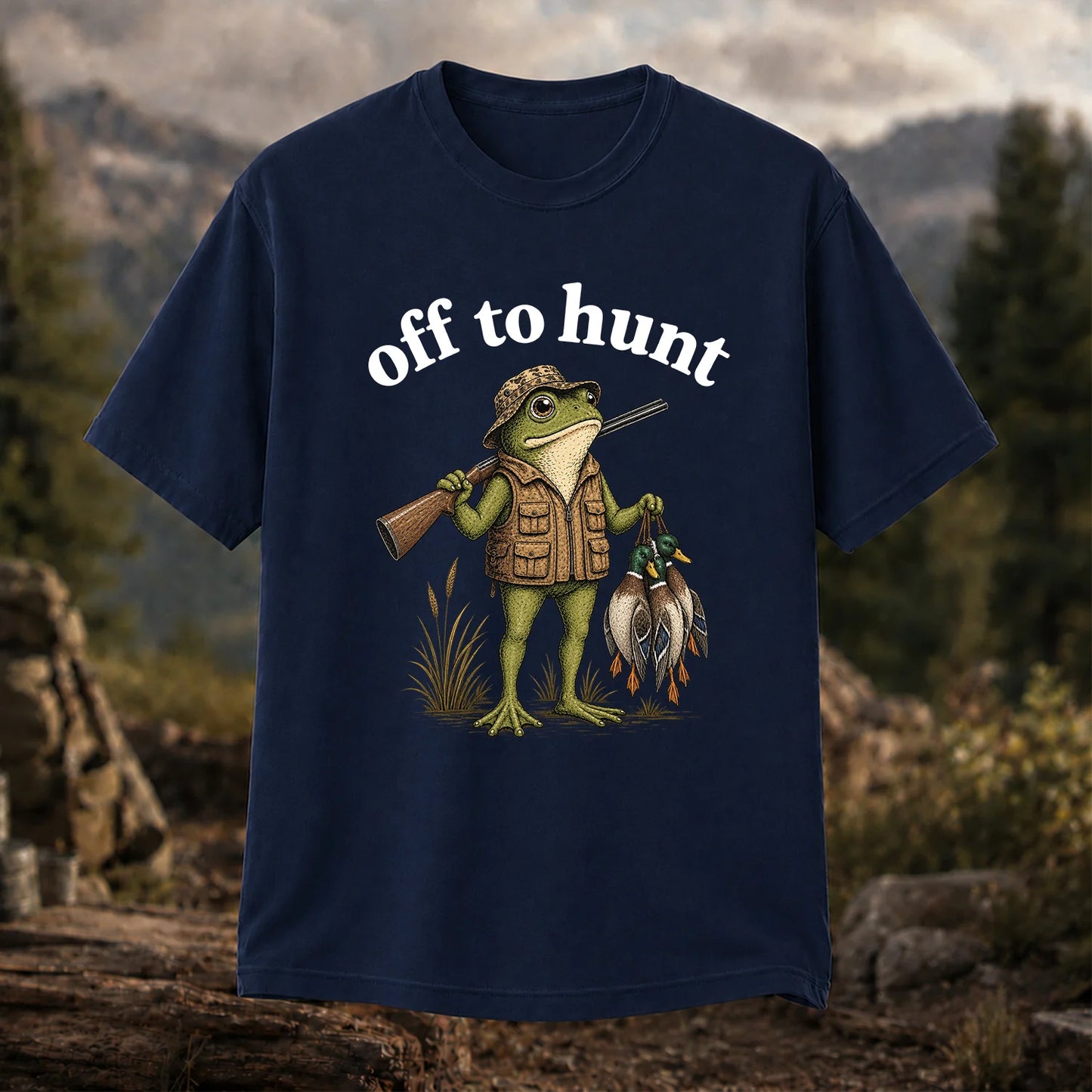 Off to Hunt T-Shirt, Funny Frog Duck Hunting Tee