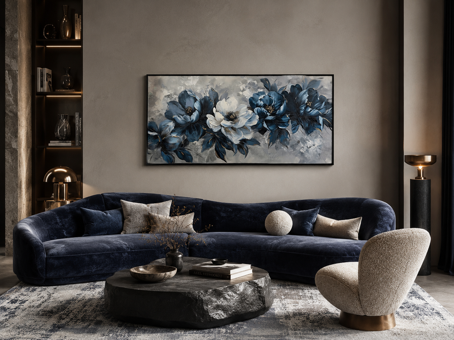 Navy Blue Wall Art – Abstract Floral Canvas | Framed Modern Living Room Decor