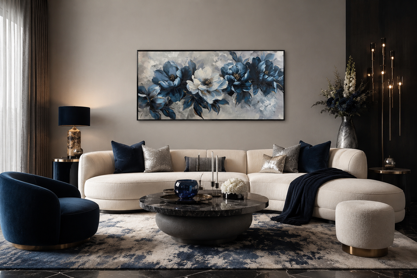 Navy Blue Wall Art – Abstract Floral Canvas | Framed Modern Living Room Decor