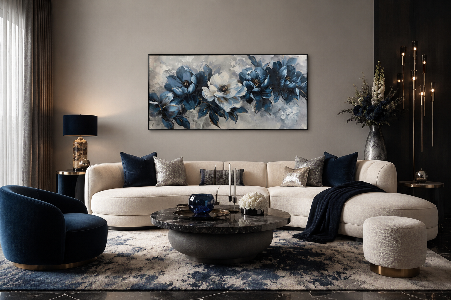 Navy Blue Wall Art – Abstract Floral Canvas | Framed Modern Living Room Decor
