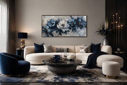Navy Blue Wall Art – Abstract Floral Canvas | Framed Modern Living Room Decor