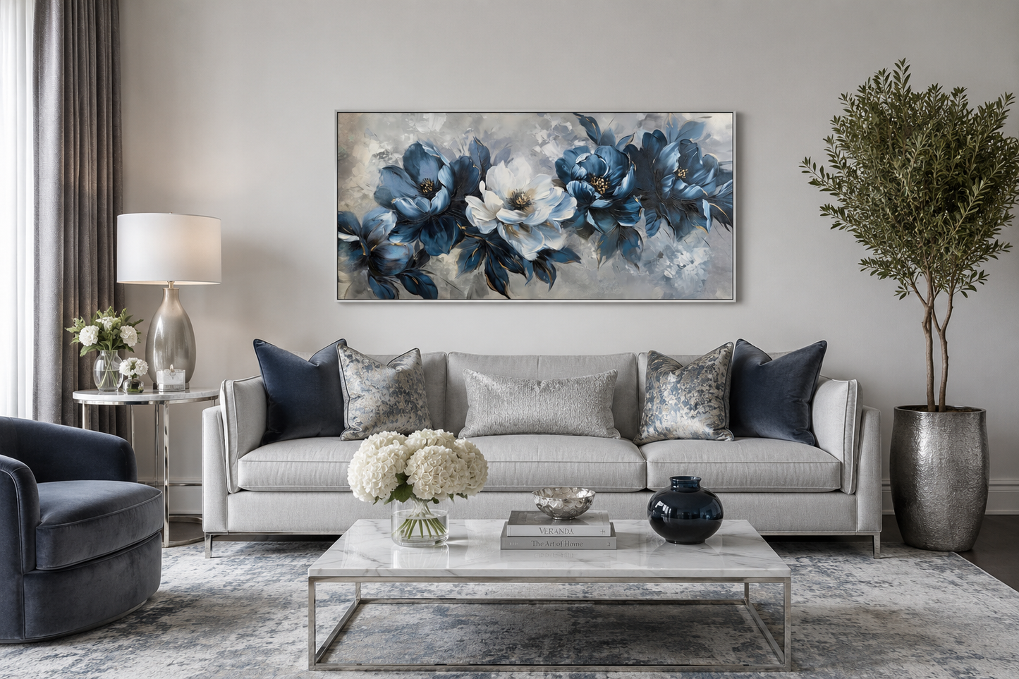 Navy Blue Wall Art – Abstract Floral Canvas | Framed Modern Living Room Decor