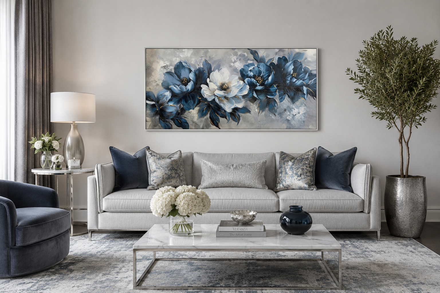 Navy Blue Wall Art – Abstract Floral Canvas | Framed Modern Living Room Decor