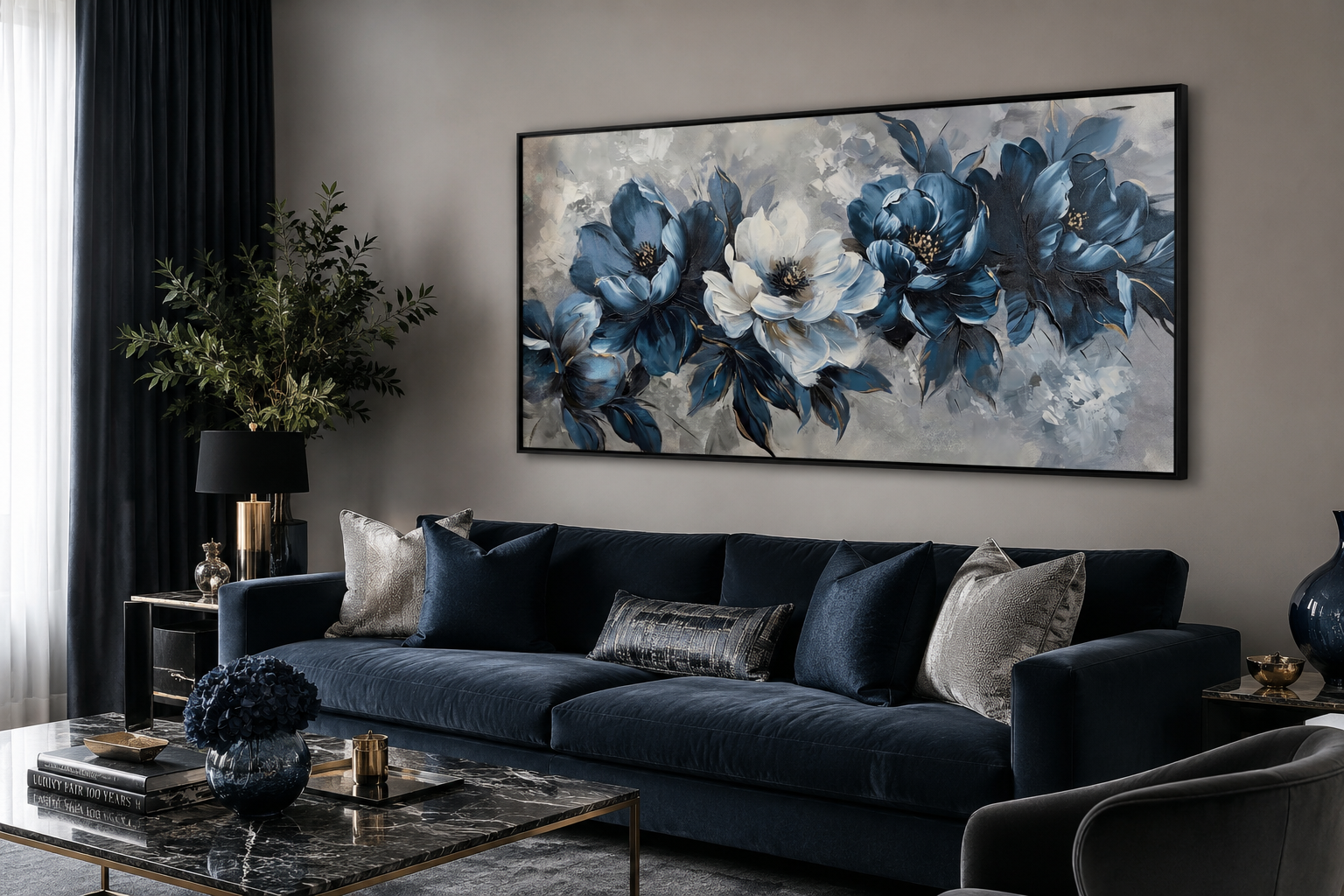 Navy Blue Wall Art – Abstract Floral Canvas | Framed Modern Living Room Decor