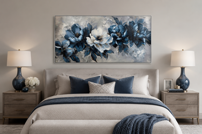 Navy Blue Wall Art – Abstract Floral Canvas | Framed Modern Living Room Decor