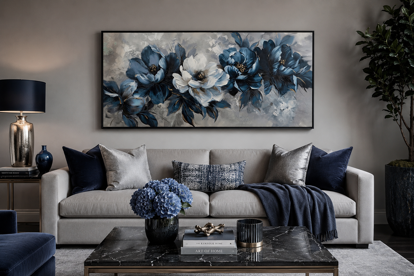 Navy Blue Wall Art – Abstract Floral Canvas | Framed Modern Living Room Decor
