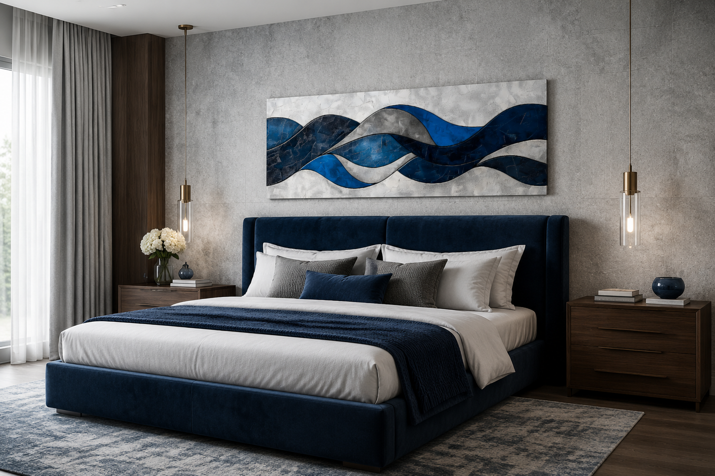Navy Blue Grey Geometric Modern Abstract Above Bed Canvas Wall Art