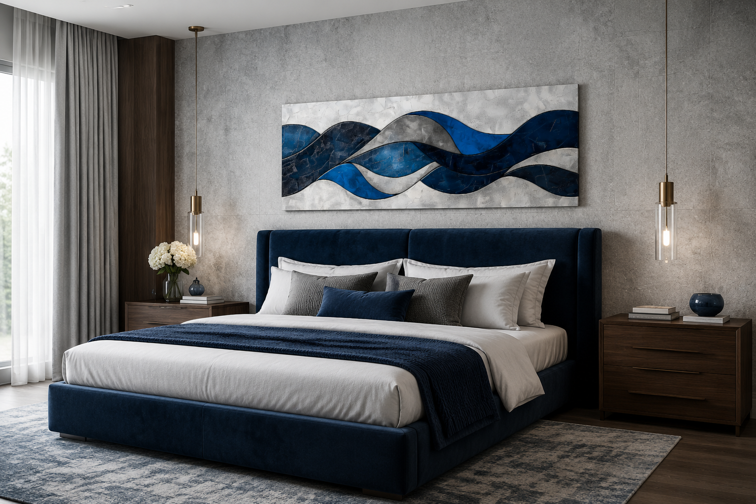 Navy Blue Grey Geometric Modern Abstract Above Bed Canvas Wall Art