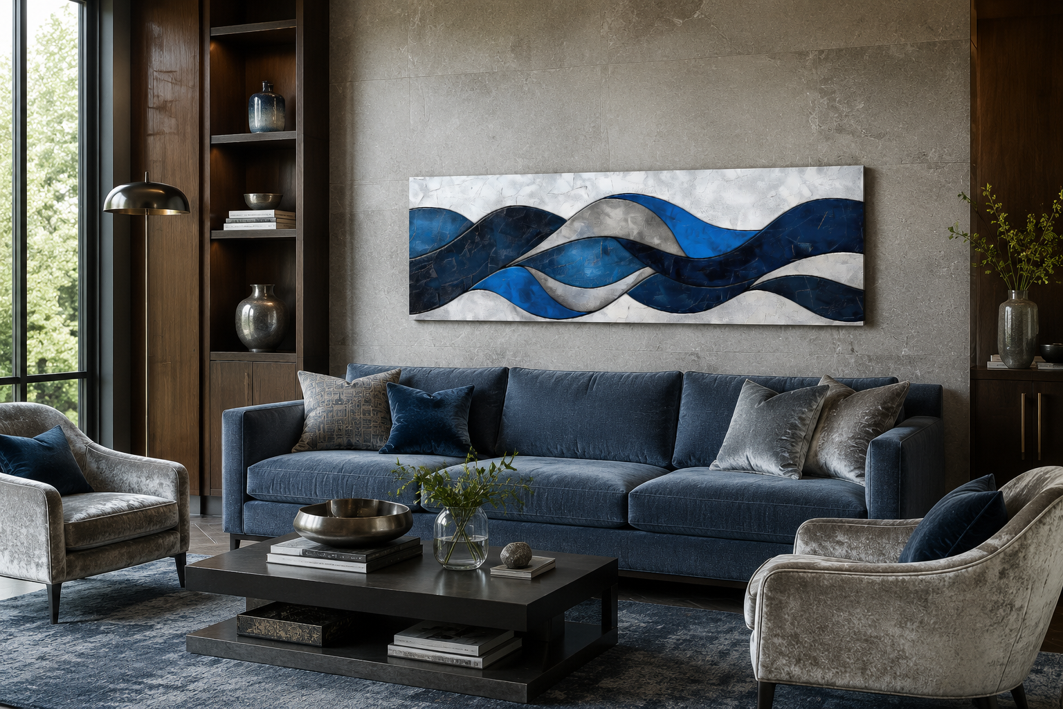 Navy Blue Grey Geometric Modern Abstract Above Bed Canvas Wall Art