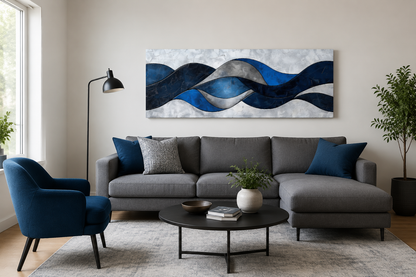 Navy Blue Grey Geometric Modern Abstract Above Bed Canvas Wall Art
