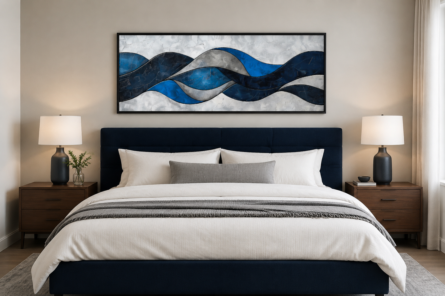 Navy Blue Grey Geometric Modern Abstract Above Bed Canvas Wall Art
