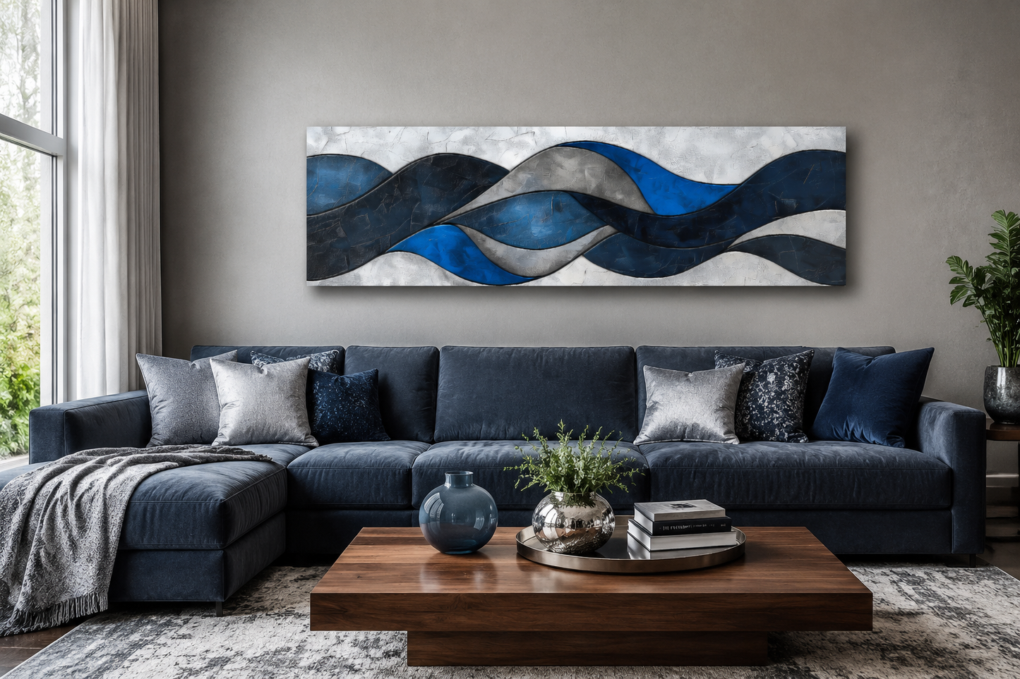 Navy Blue Grey Geometric Modern Abstract Above Bed Canvas Wall Art