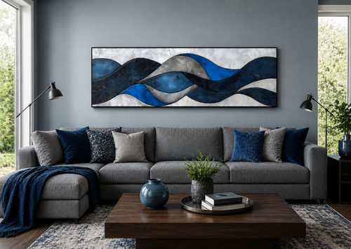 Navy Blue Grey Geometric Modern Abstract Above Bed Canvas Wall Art