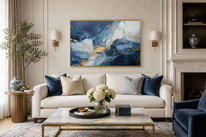 Navy Blue Grey Gold Abstract Marble Canvas Wall Art For Bedroom Or Living Room