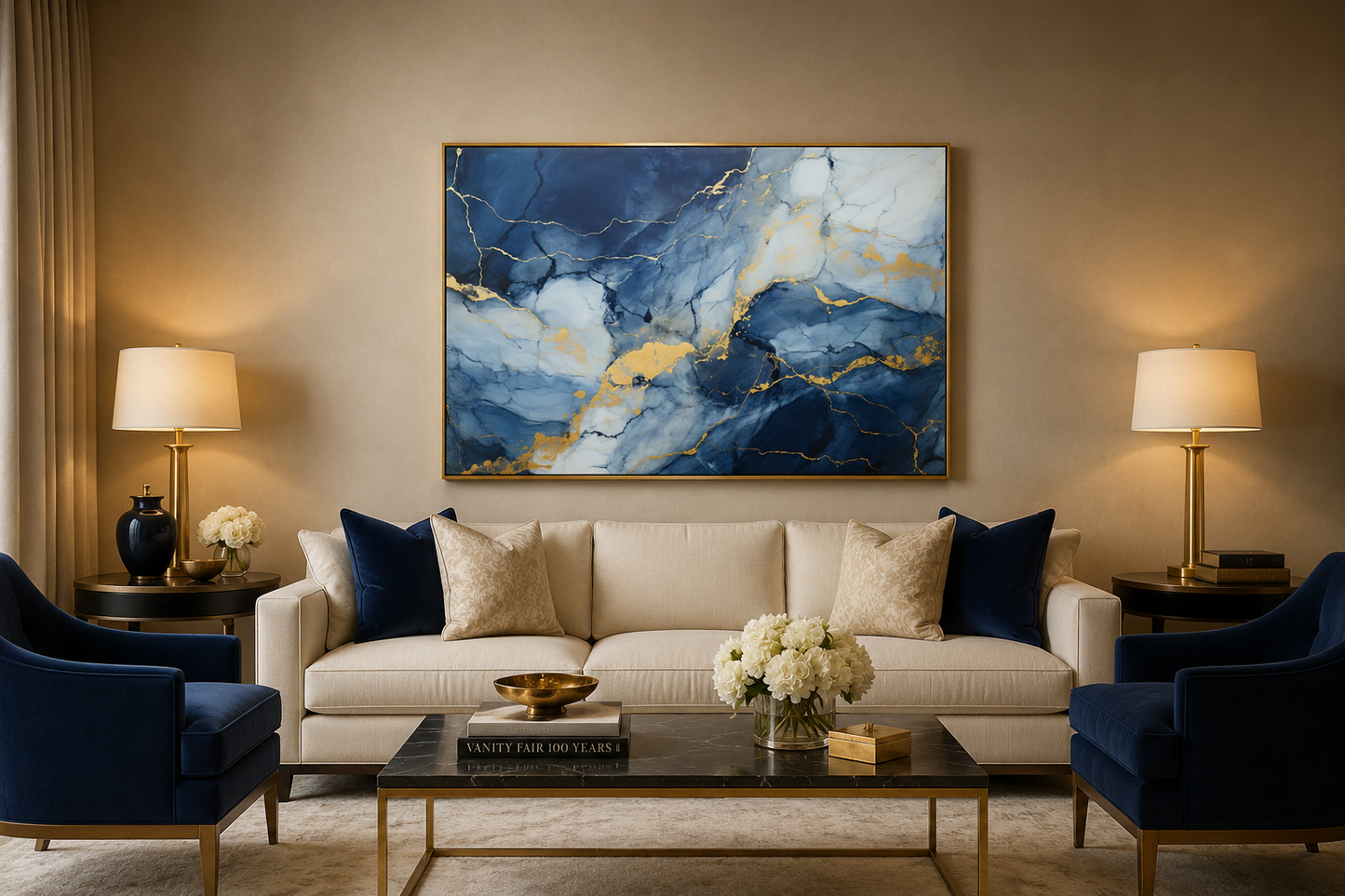 Navy Blue Grey Gold Abstract Marble Canvas Wall Art For Bedroom Or Living Room