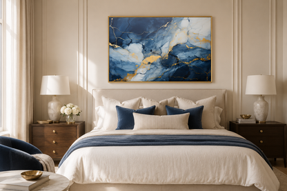 Navy Blue Grey Gold Abstract Marble Canvas Wall Art For Bedroom Or Living Room