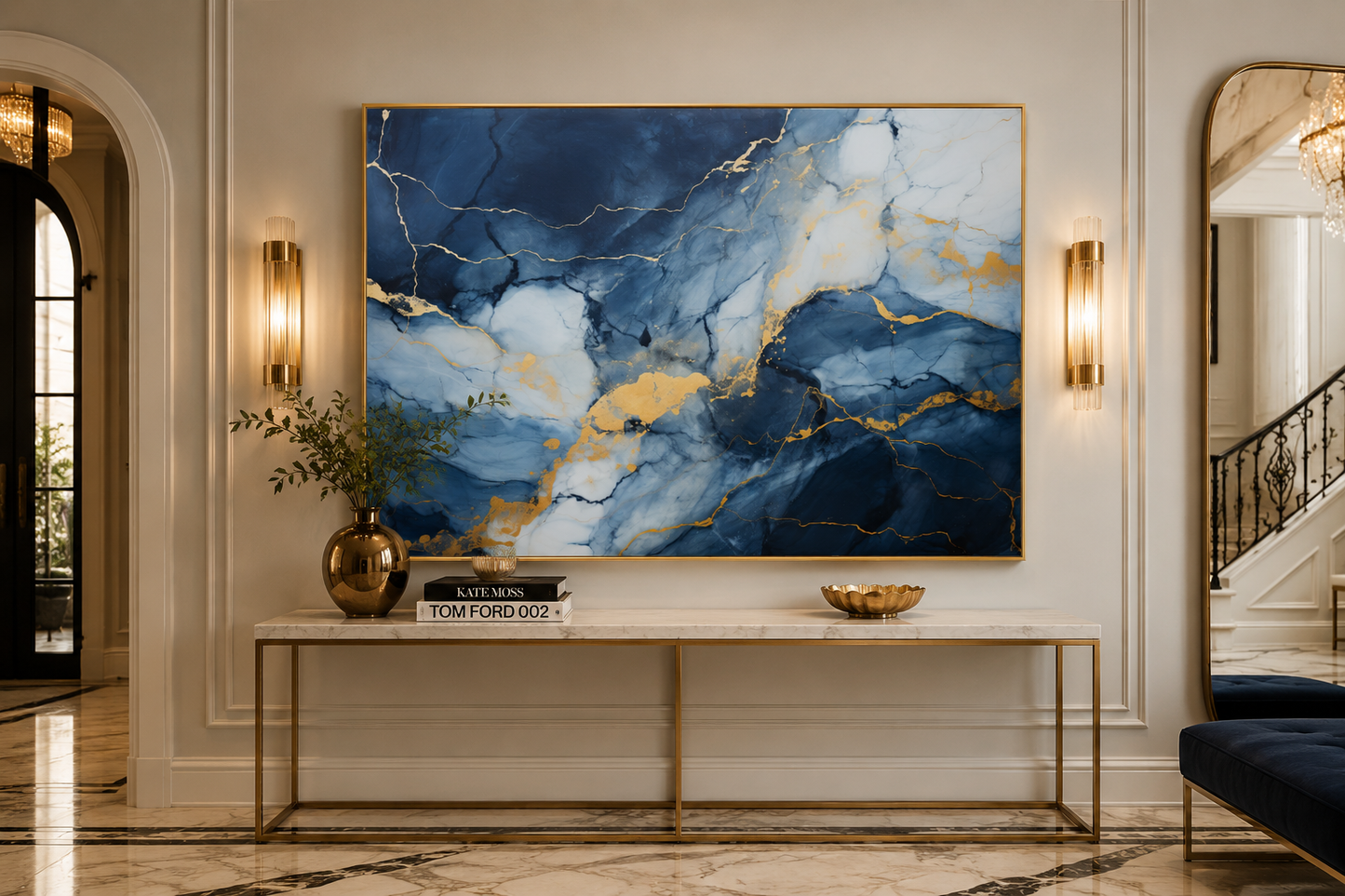 Navy Blue Grey Gold Abstract Marble Canvas Wall Art For Bedroom Or Living Room
