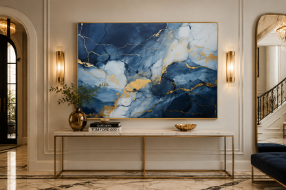 Navy Blue Grey Gold Abstract Marble Canvas Wall Art For Bedroom Or Living Room