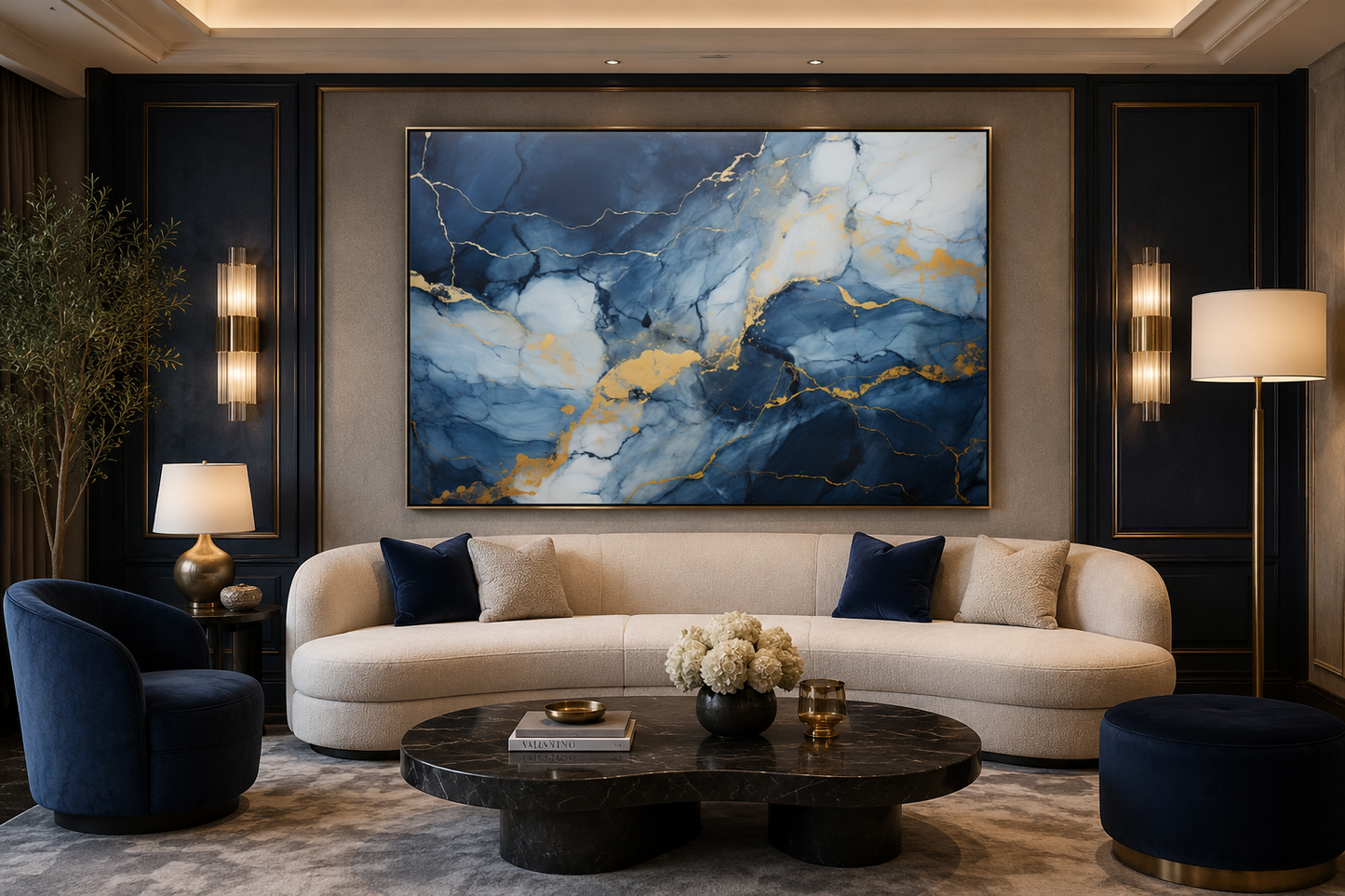 Navy Blue Grey Gold Abstract Marble Canvas Wall Art For Bedroom Or Living Room