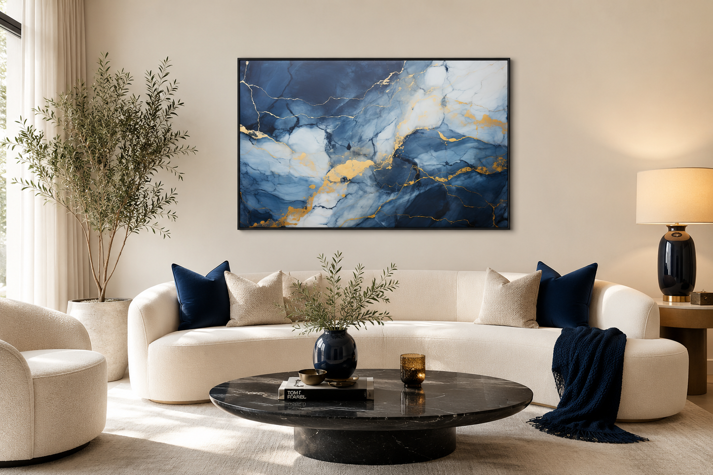 Navy Blue Grey Gold Abstract Marble Canvas Wall Art For Bedroom Or Living Room