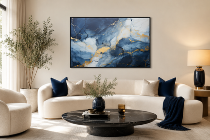 Navy Blue Grey Gold Abstract Marble Canvas Wall Art For Bedroom Or Living Room