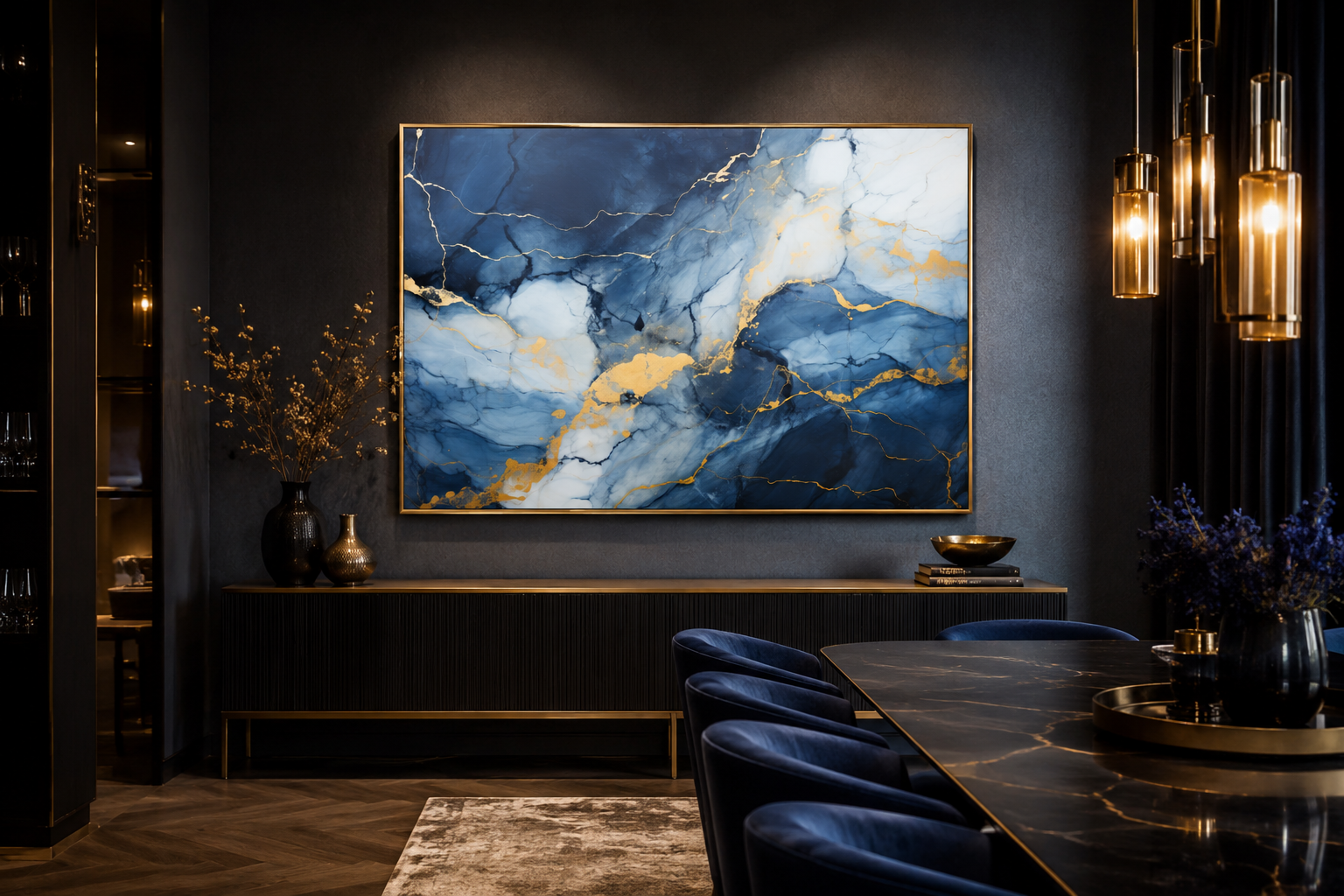 Navy Blue Grey Gold Abstract Marble Canvas Wall Art For Bedroom Or Living Room