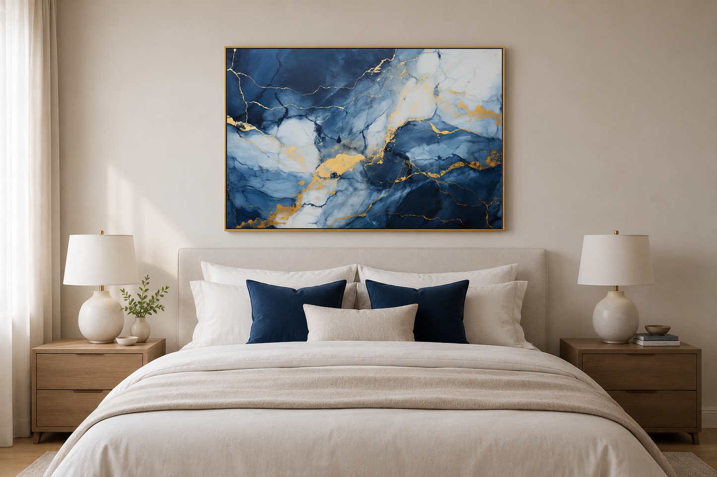 Navy Blue Grey Gold Abstract Marble Canvas Wall Art For Bedroom Or Living Room