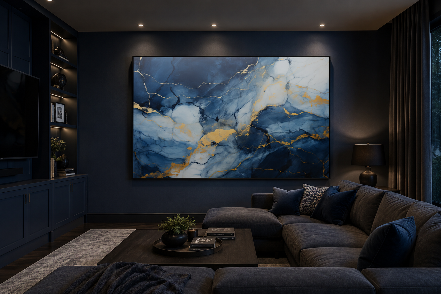 Navy Blue Grey Gold Abstract Marble Canvas Wall Art For Bedroom Or Living Room
